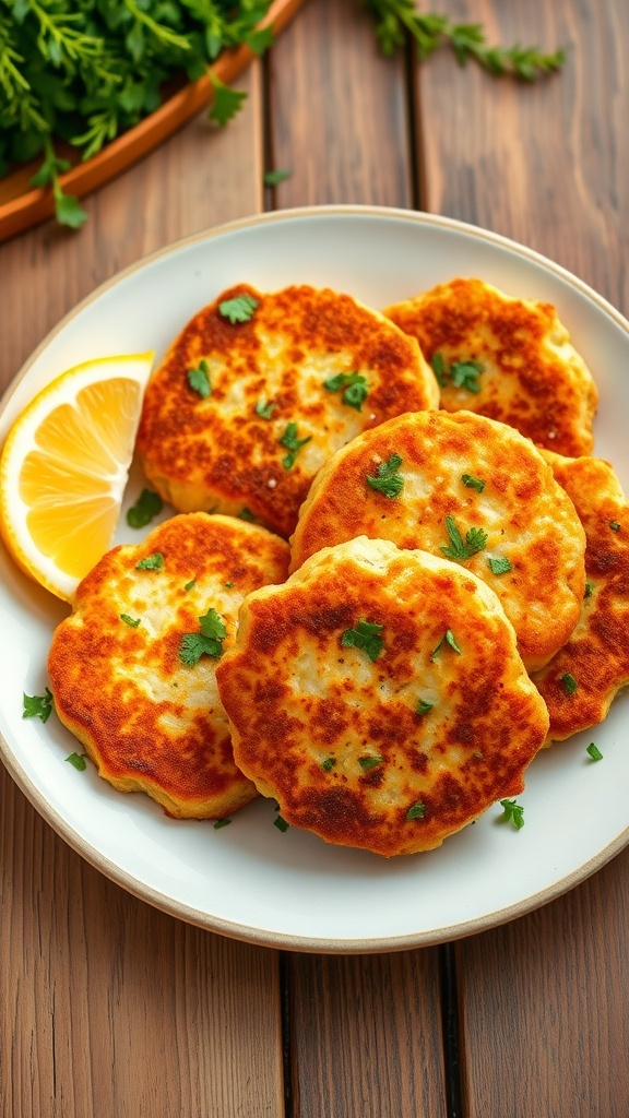 Golden-brown salmon patties garnished with herbs and lemon wedges on a rustic plate.